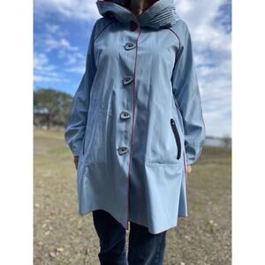 UbU Piped Sky Blue and Black Reversible Parisian Raincoat with Red Trim M NEW